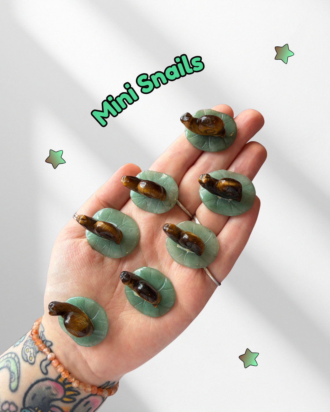 Mini Tigers Eye Snails on Green Aventurine Leaves