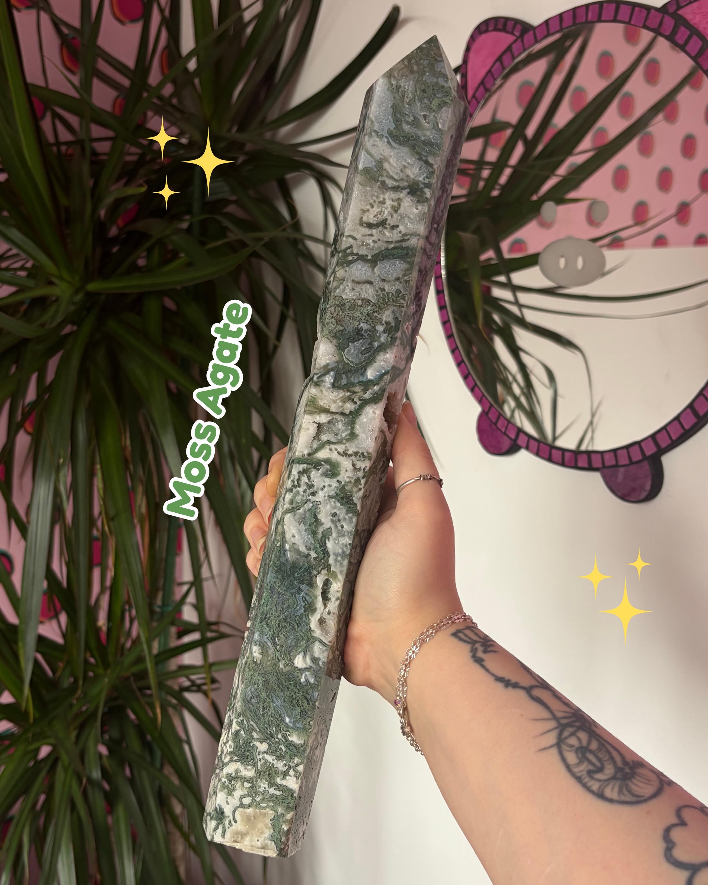 Large Moss Agate Tower with Druzy