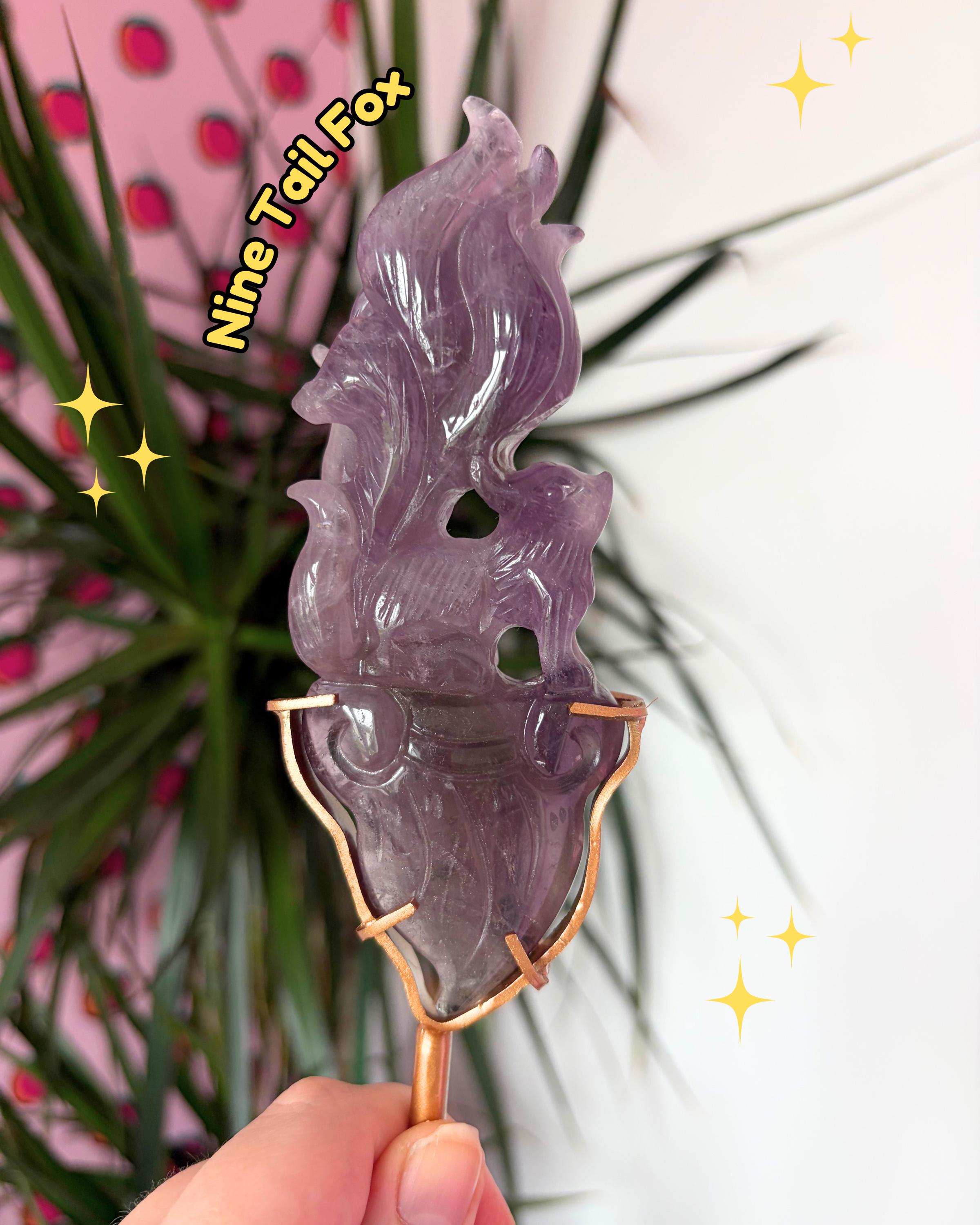 Amethyst Nine Tail Fox on Custom Stand