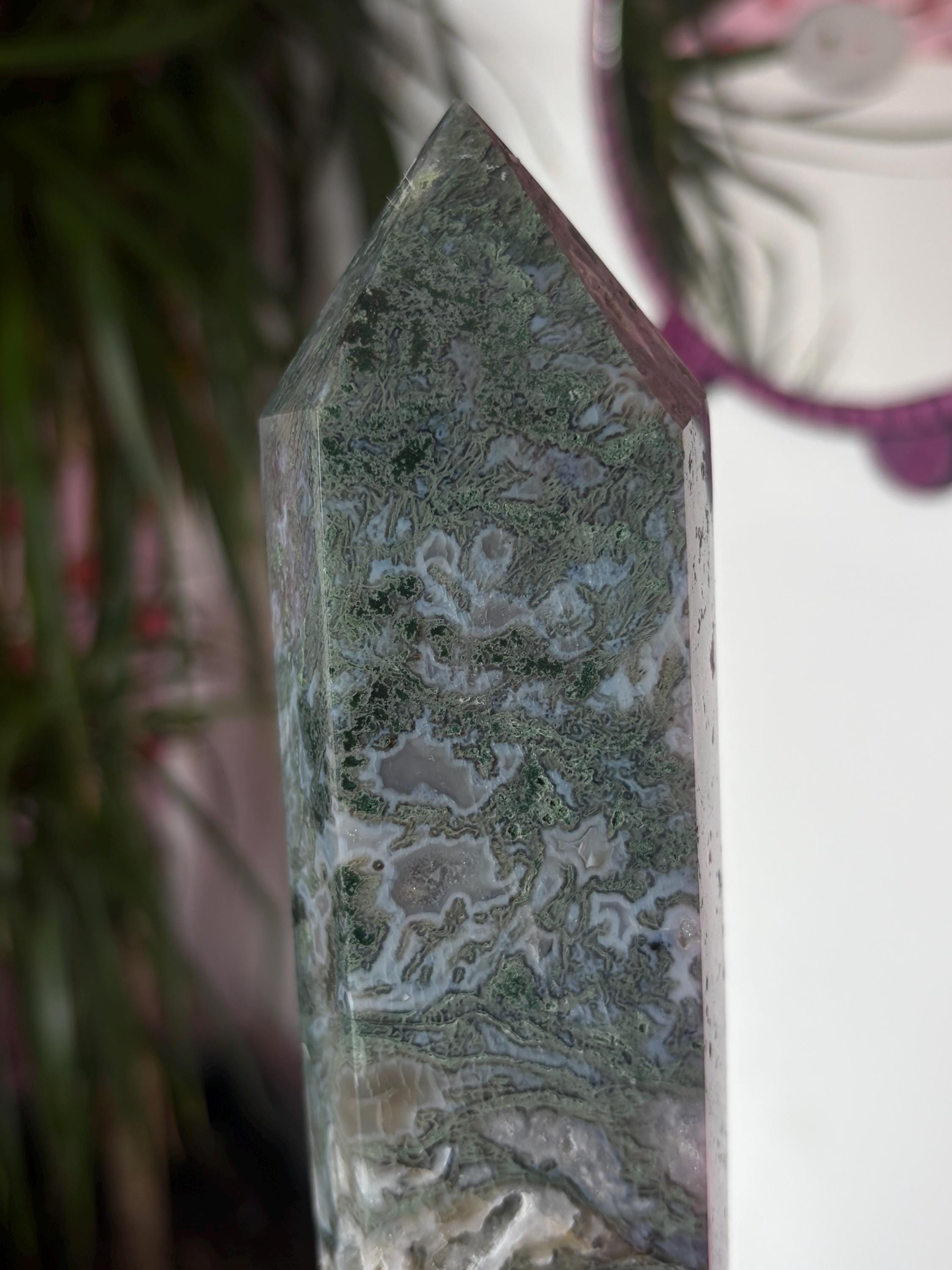 Large Moss Agate Tower with Druzy