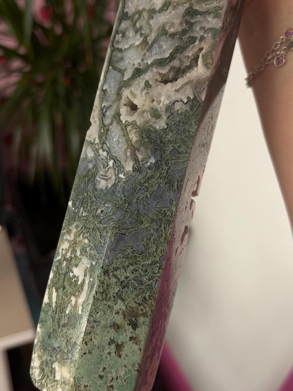 Large Moss Agate Tower with Druzy