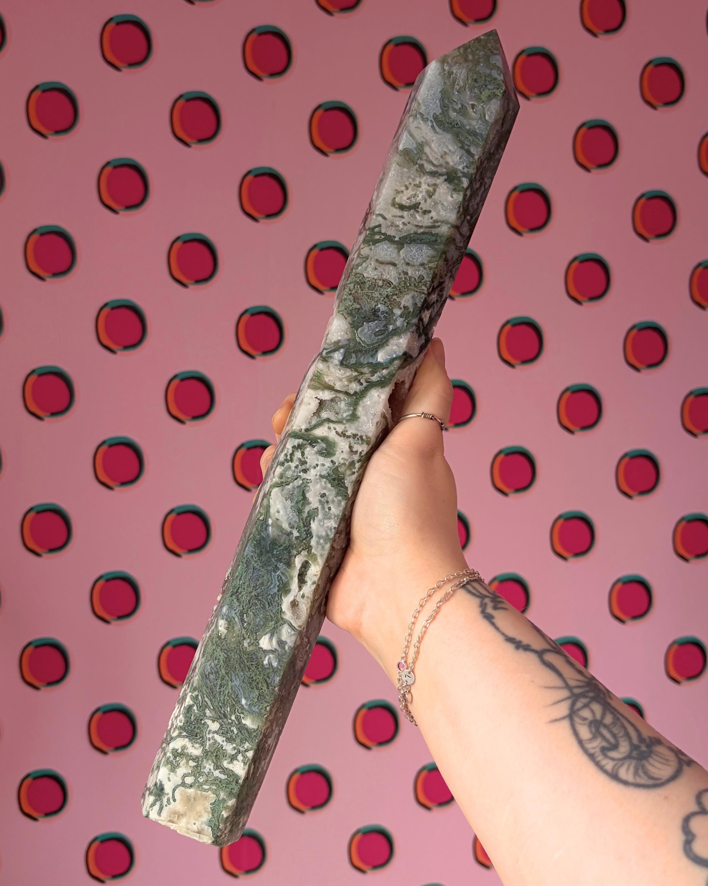 Large Moss Agate Tower with Druzy