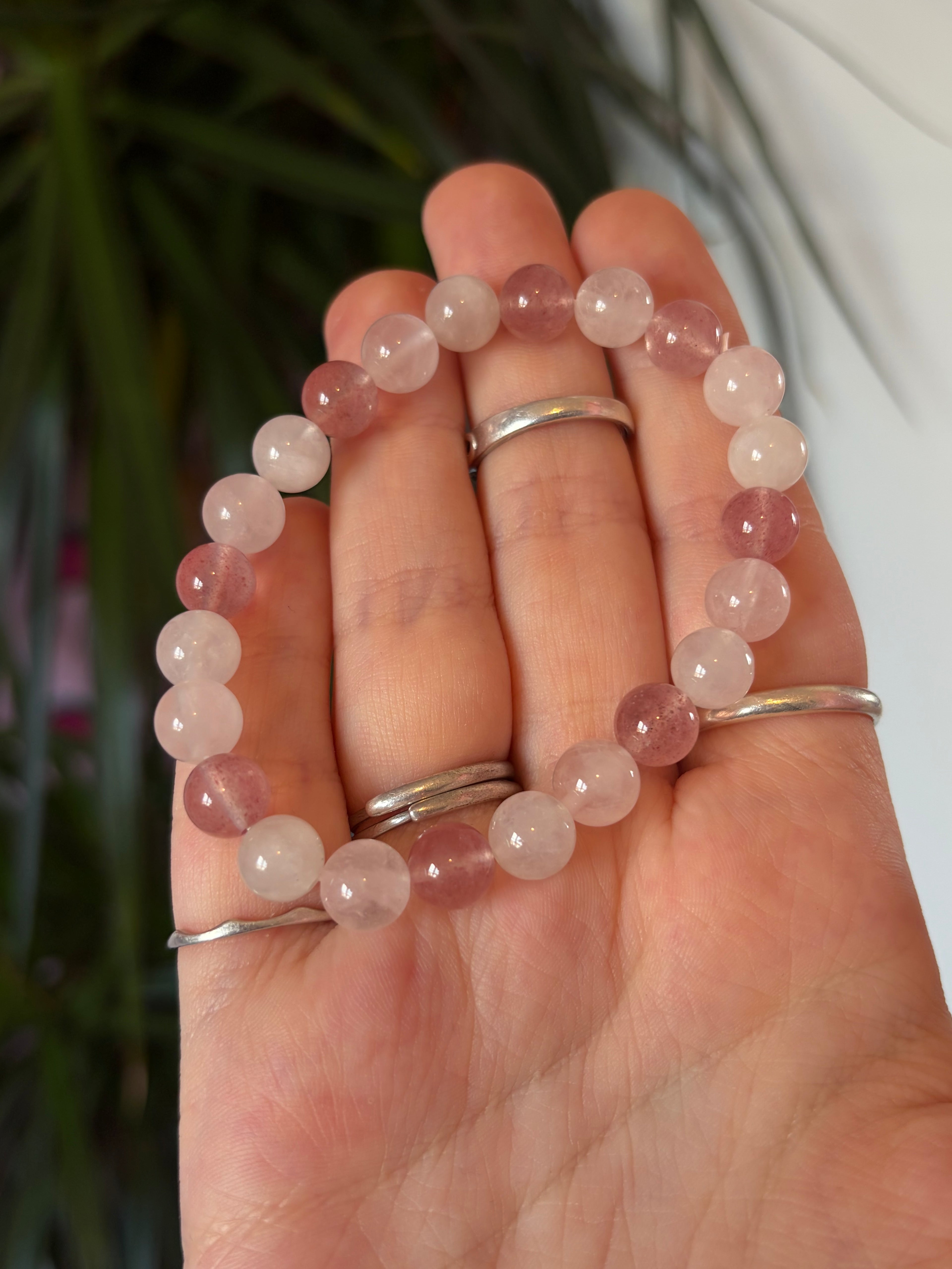 Strawberry Quartz, Moonstone, Rose Quartz Bead Bracelet