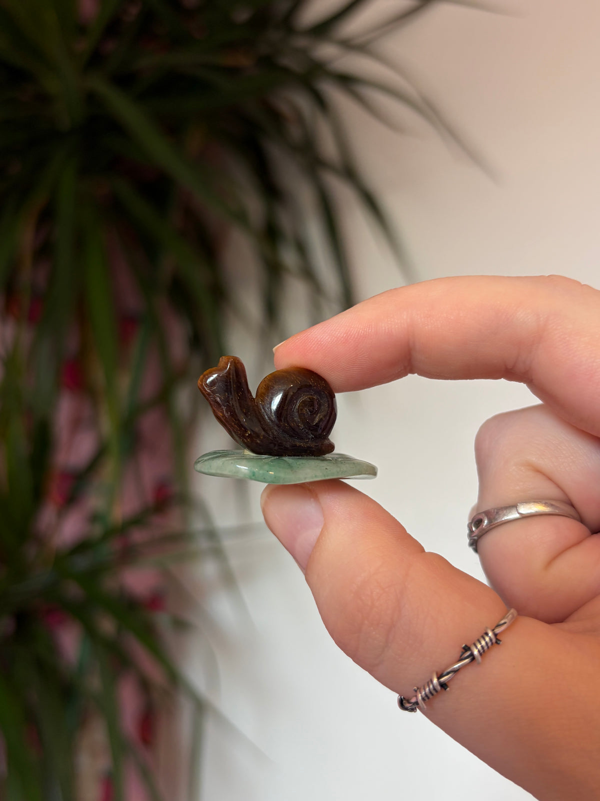 Mini Tigers Eye Snails on Green Aventurine Leaves