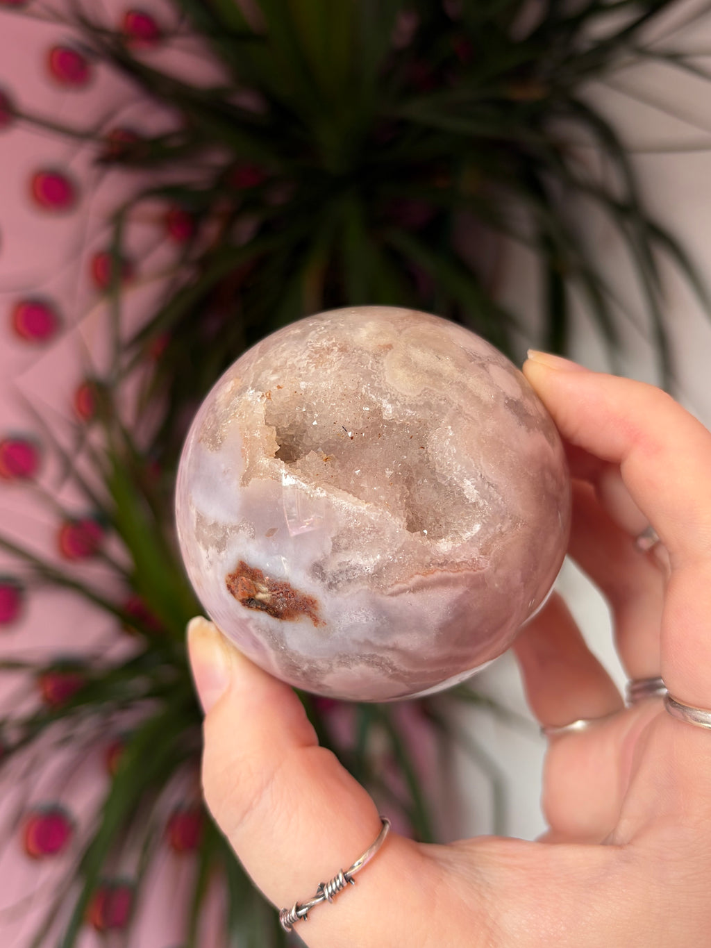 Flower Agate Sphere - Pink Toned with Druzy