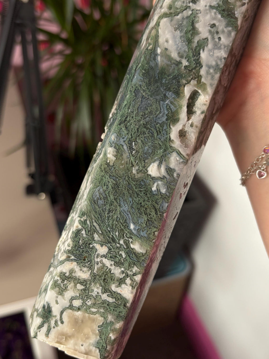 Large Moss Agate Tower with Druzy