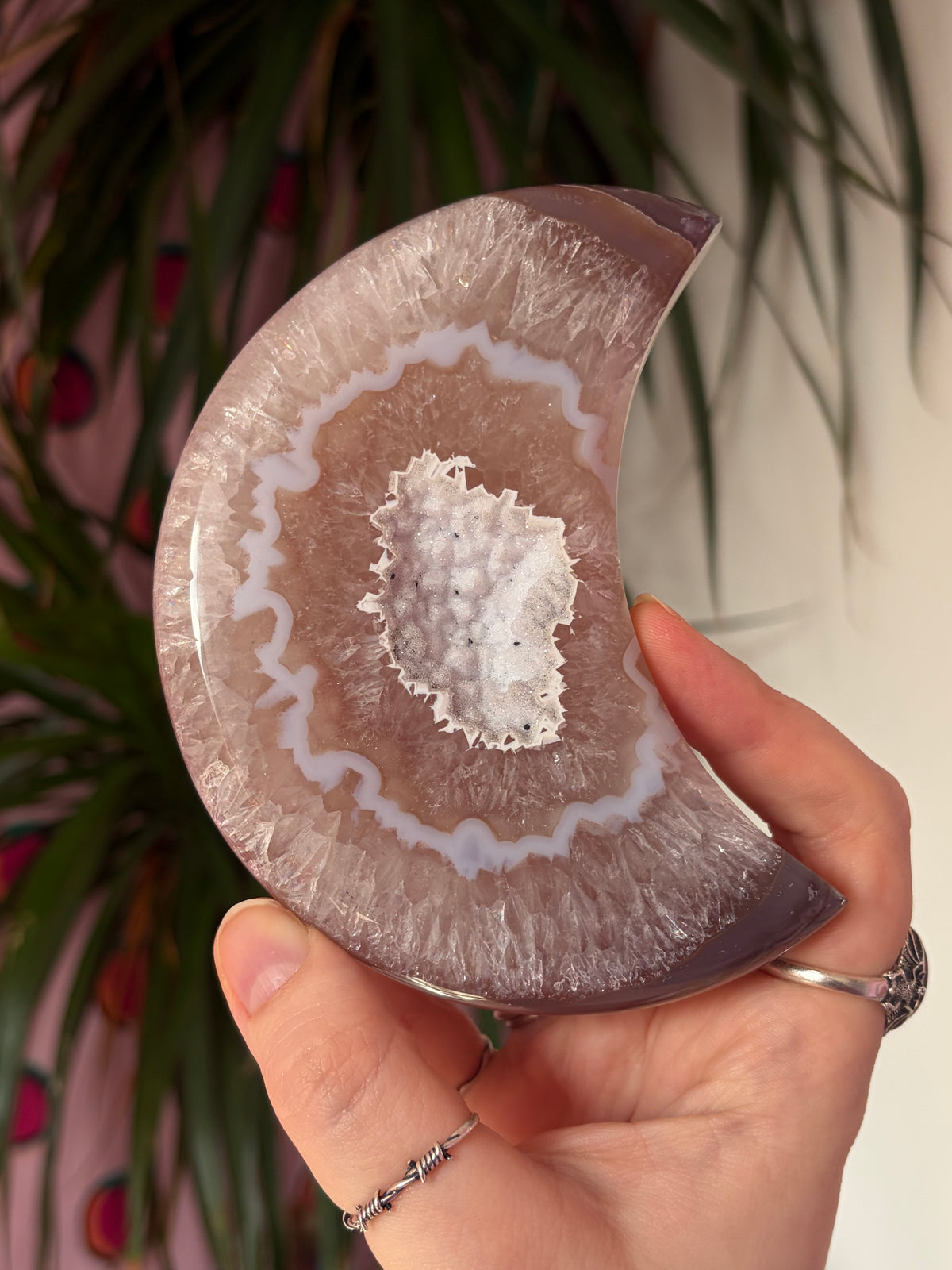 Big Druzy Agate Moon on stand