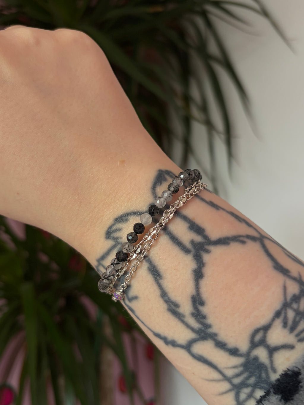 Black Tourmaline in Quartz Faceted Bracelet