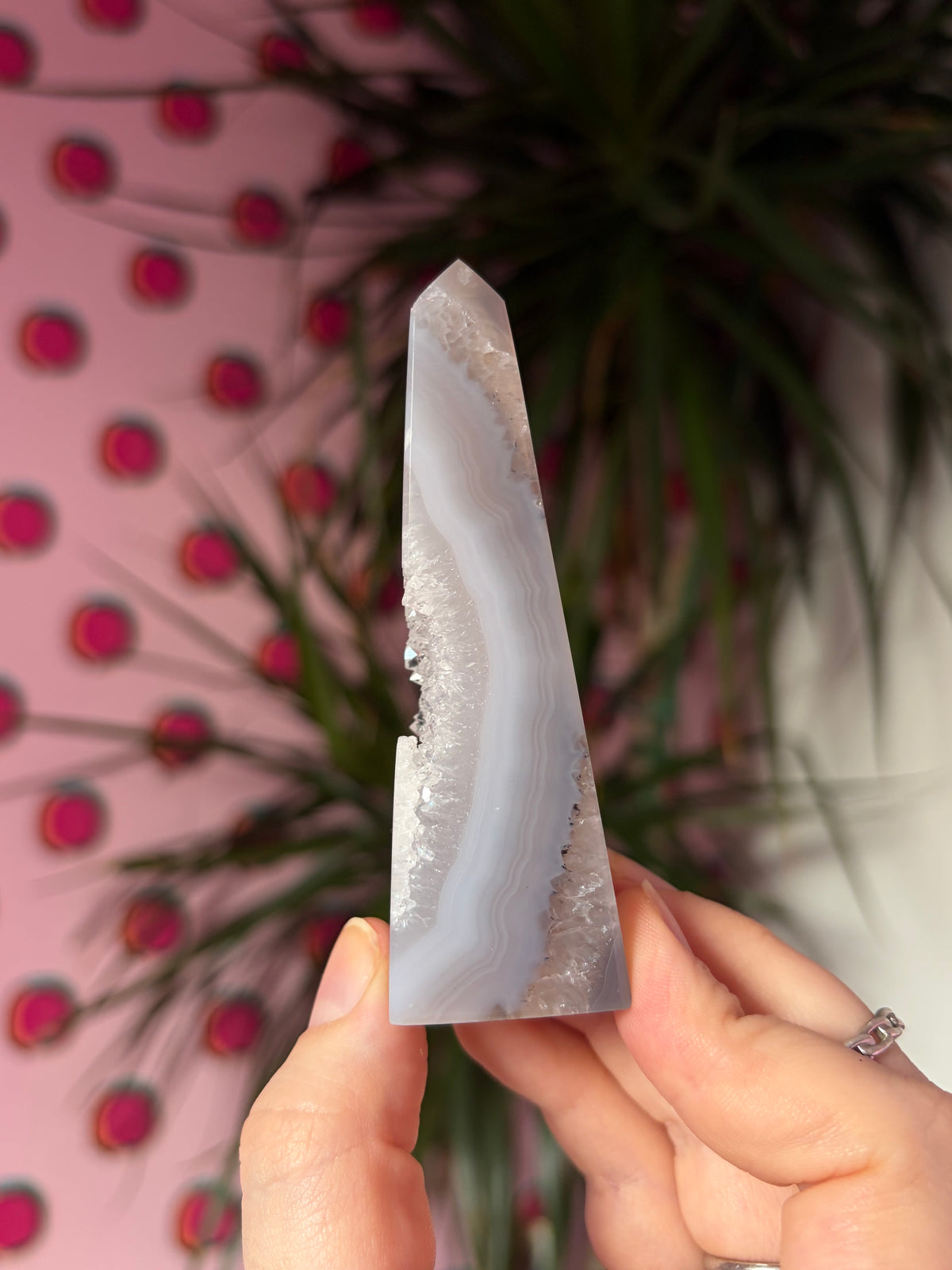 Blue toned druzy agate obelisk