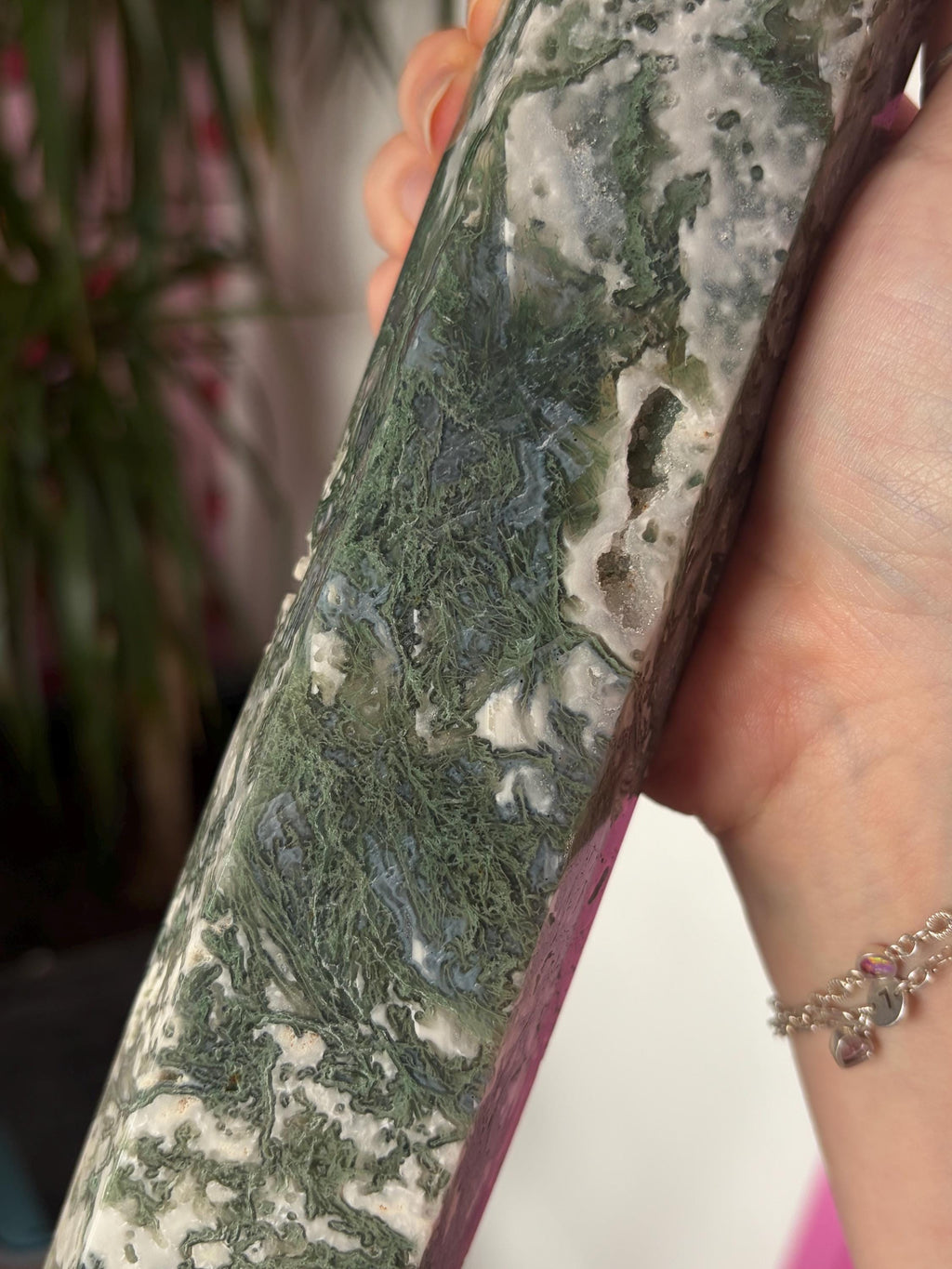 Large Moss Agate Tower with Druzy