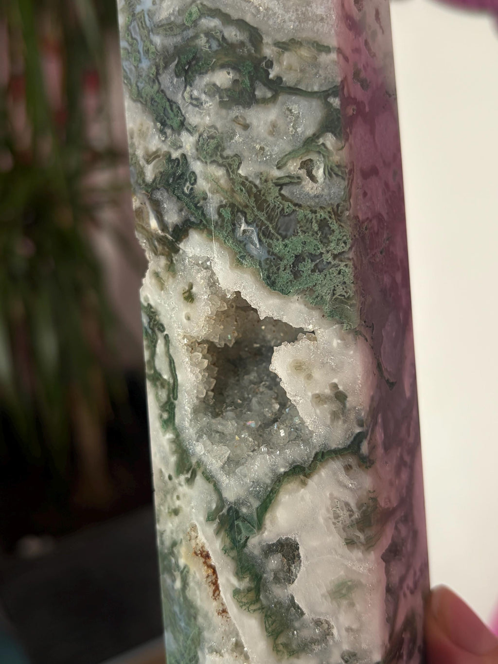 Large Moss Agate Tower with Druzy
