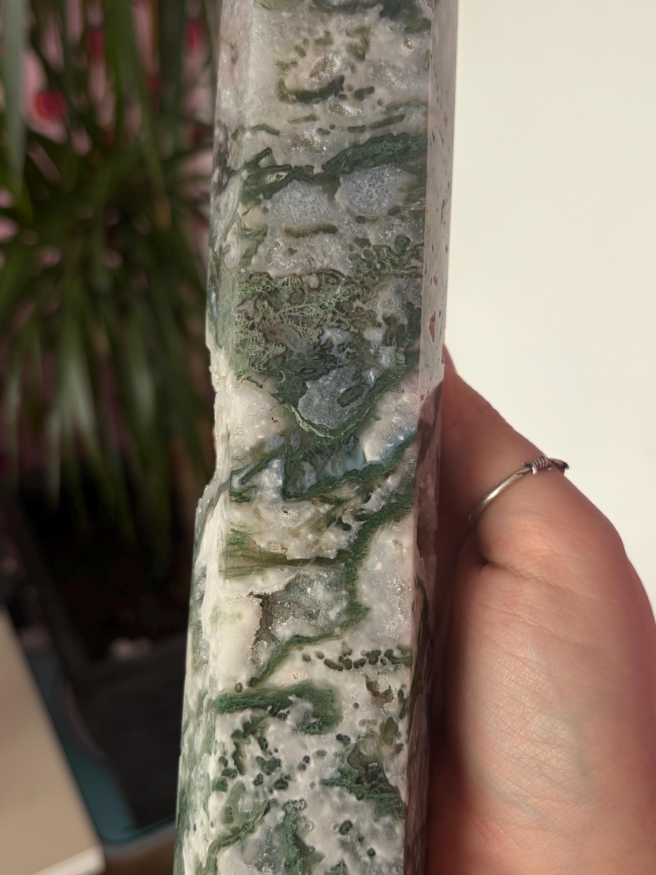 Large Moss Agate Tower with Druzy