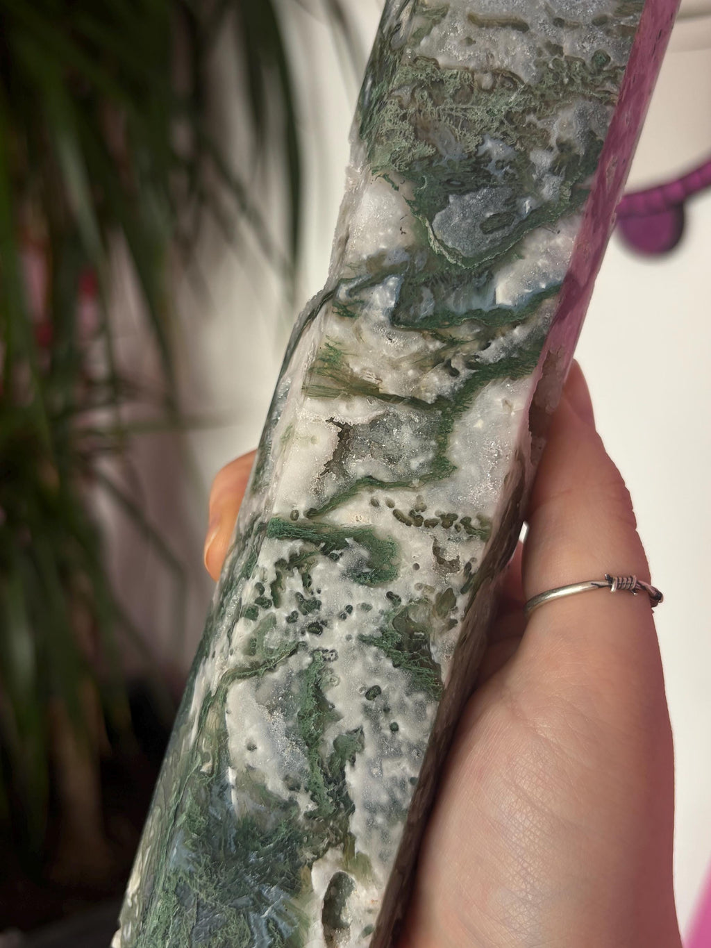 Large Moss Agate Tower with Druzy